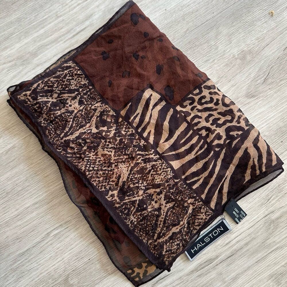 Vintage Halston Brown Animal Block Print Scarf 100% Silk Made in Korea